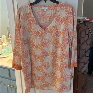 J. Jill V‑Neck Linen Tunic in Cream with Coral and Peach Print SZ M